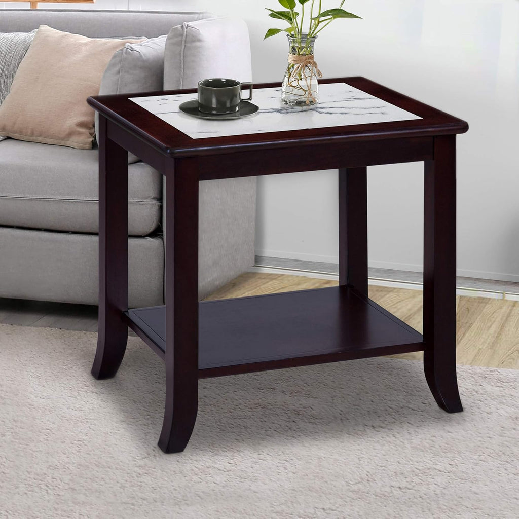 White/Black Marble Top Solid Wood Edge End Table J60776