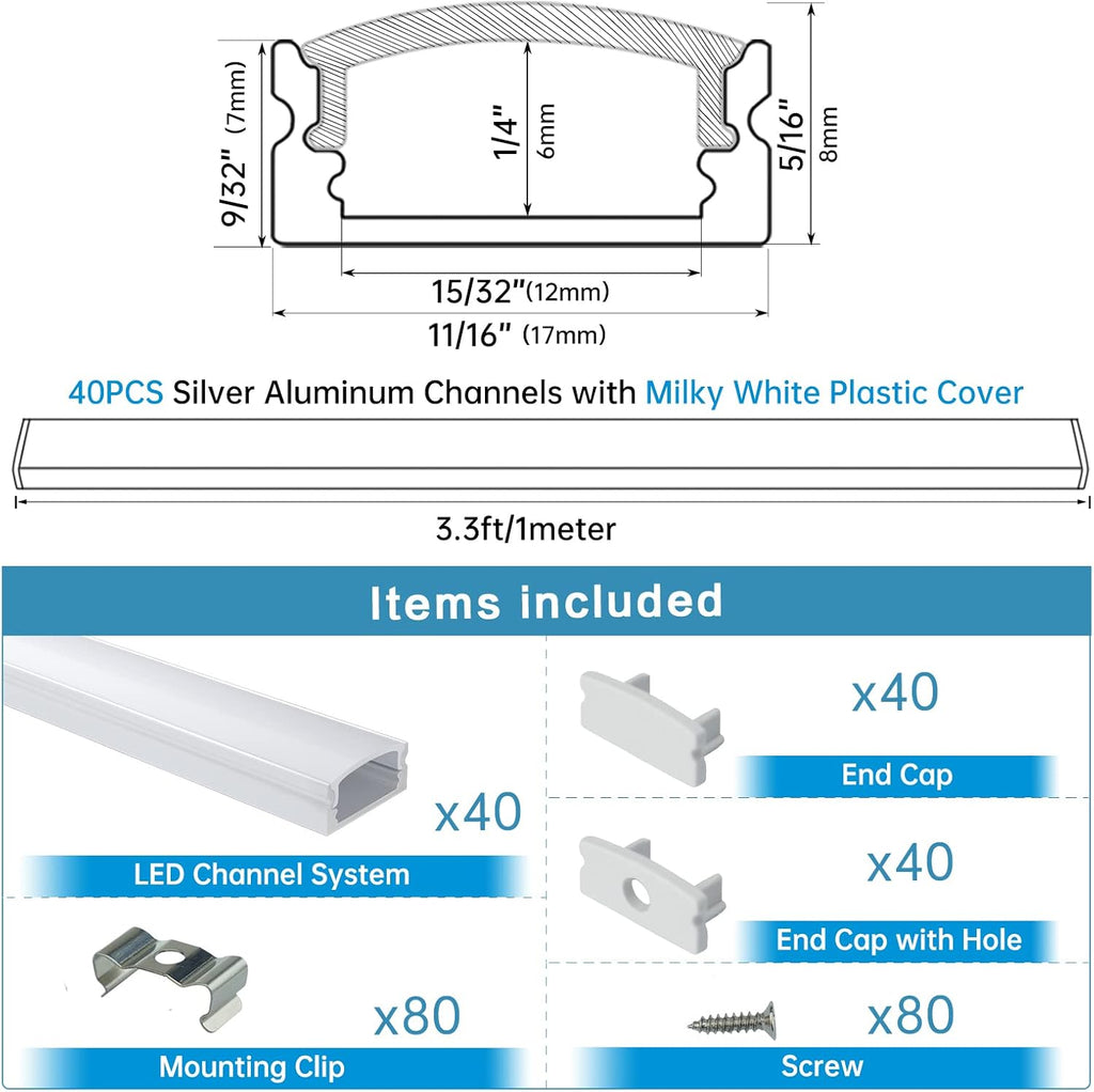 40Pack 3.3FT LED Channel System with Milky White Cover Lens, Silver Aluminum Extrusion Profile Housing Track L5823