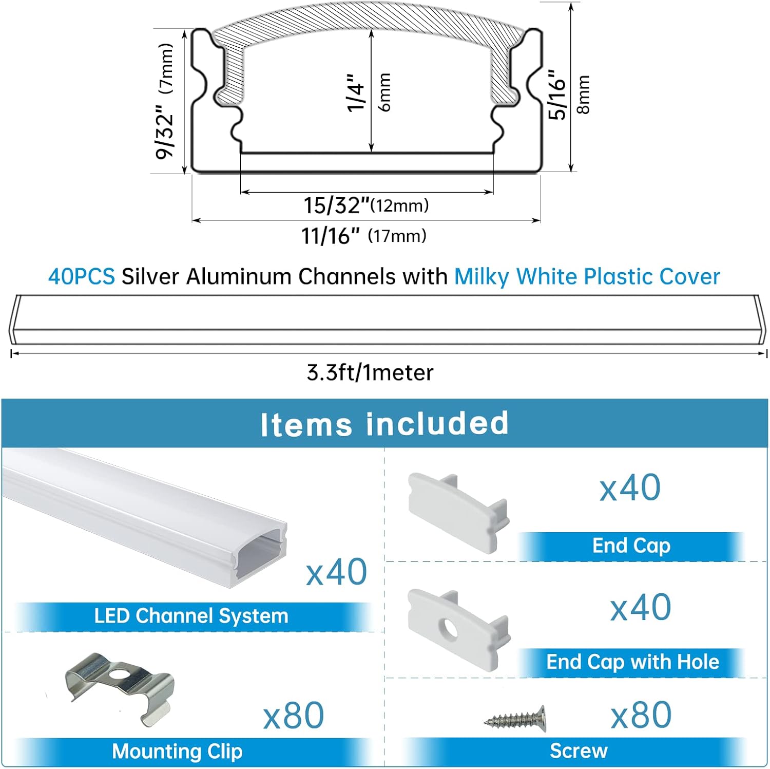 40Pack 3.3FT LED Channel System with Milky White Cover Lens, Silver Aluminum Extrusion Profile Housing Track L5823
