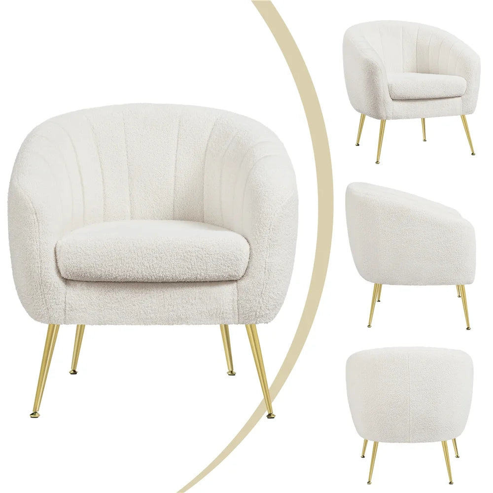 Ivory Tufted Velvet Accent Armchair with Gold Metal Legs D641
