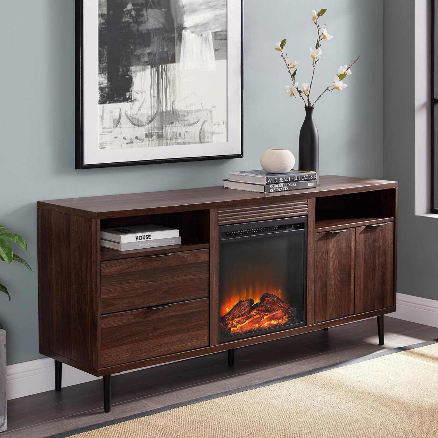Mid Century Modern Buffet Cabinet, 30 Inch, Dark Walnut P480715