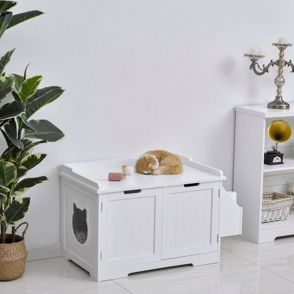 Brown Wooden Cat Litter Box Enclosure with Nightstand and Storage Rack Q42530