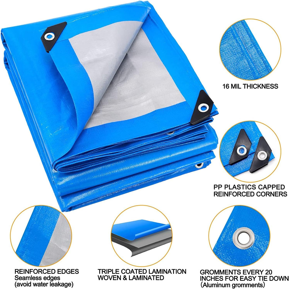 Blue 20x30 Heavy Duty Waterproof Tarpaulin with Metal Grommets W8421