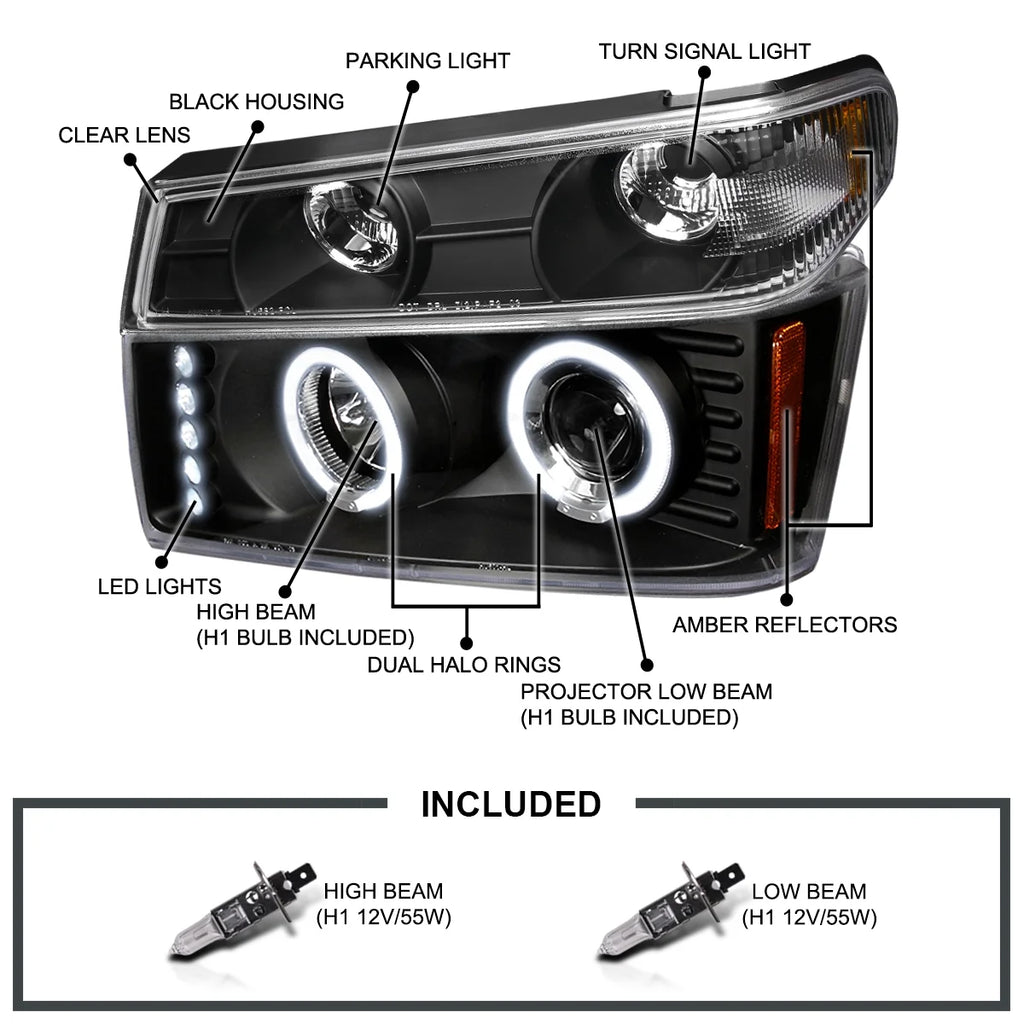 Black Housing Clear Lens LED Halo Projector Headlights, L/R Pair B117