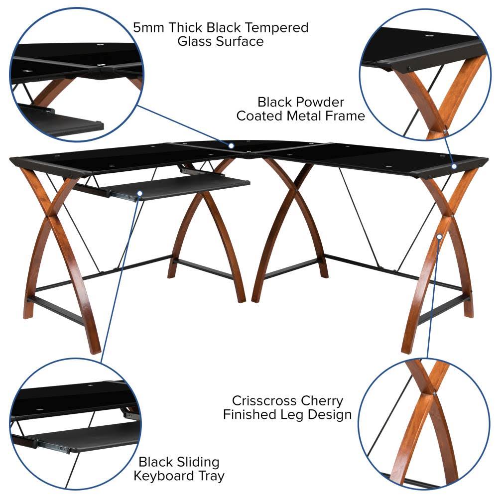 Glass L-Shape Desk with Pull-Out Keyboard Tray Q4492