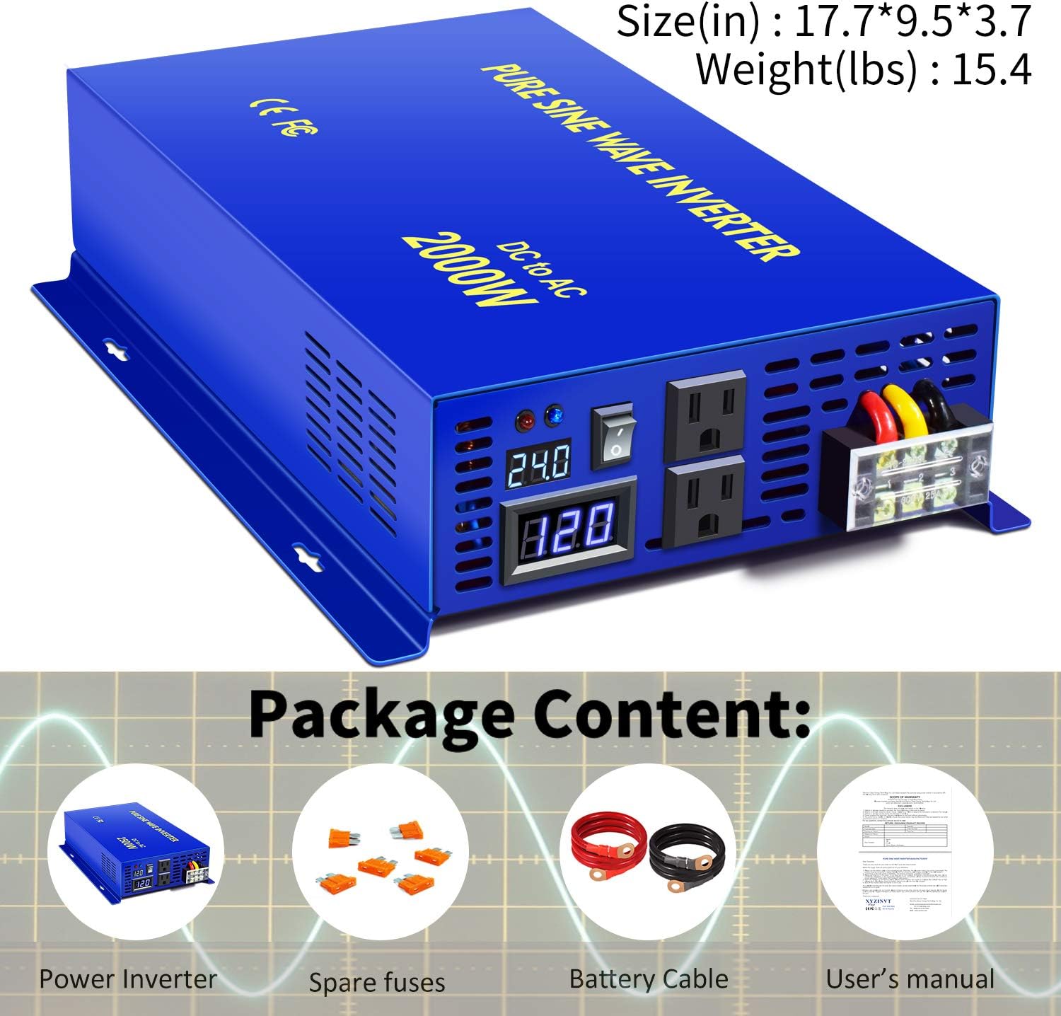 2000 Watt Pure Sine Wave Power Inverter 24V DC to 120V AC H780