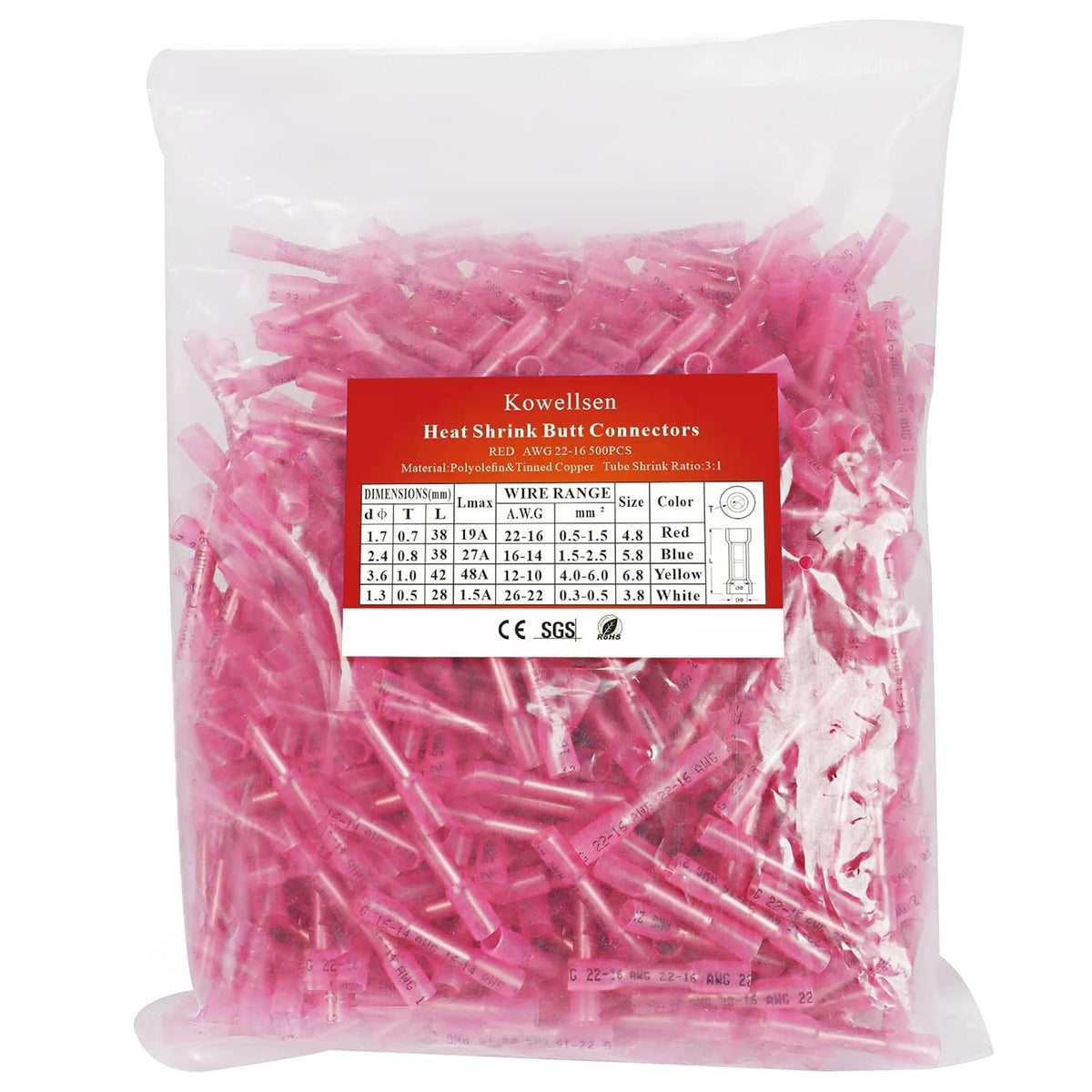 500PCS Butt Connectors Heat Shrink, 22-16 AWG Waterproof Tinned Copper Insulated Crimp Terminals U1471