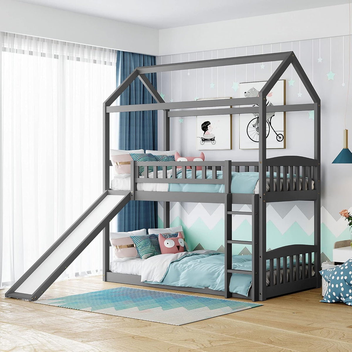 Twin Over Twin Metal Bunk Bed with Slide and Integrated Ladder N96525