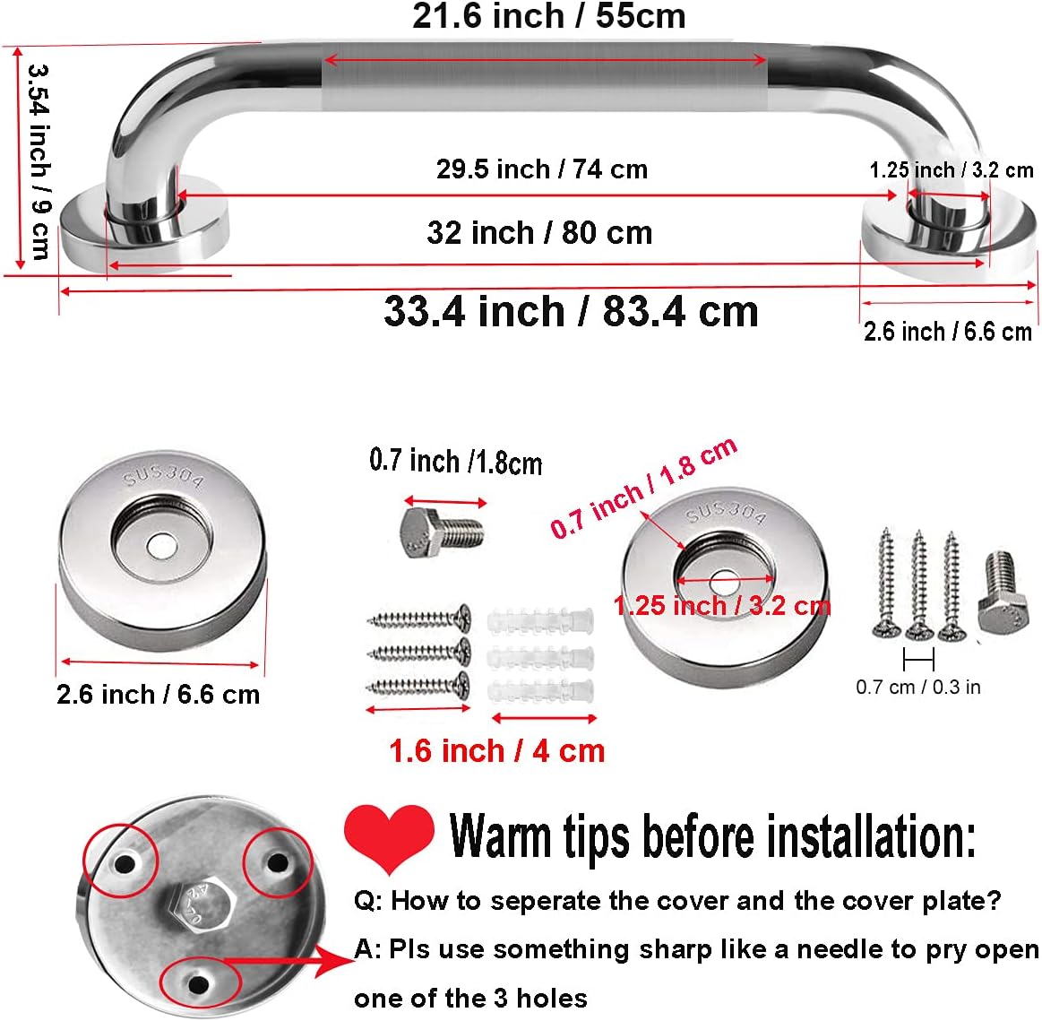 Chrome Stainless Steel Shower Grab Bar, 1.25 Inch Diameter, 32 Inch F257809