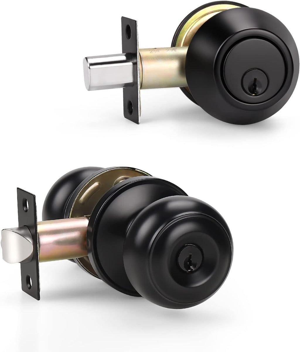 5 Pack Matte Black Entry Door Knob and Deadbolt Lock Set F3927