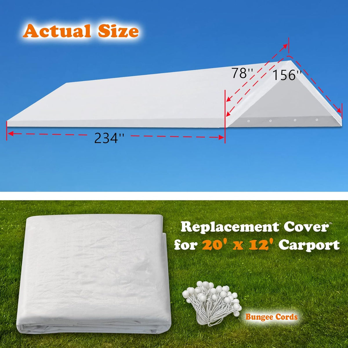 Carport Canopy Cover 12 x 20 Feet Replacement Tent Top Tarp with Ball Bungees C309479