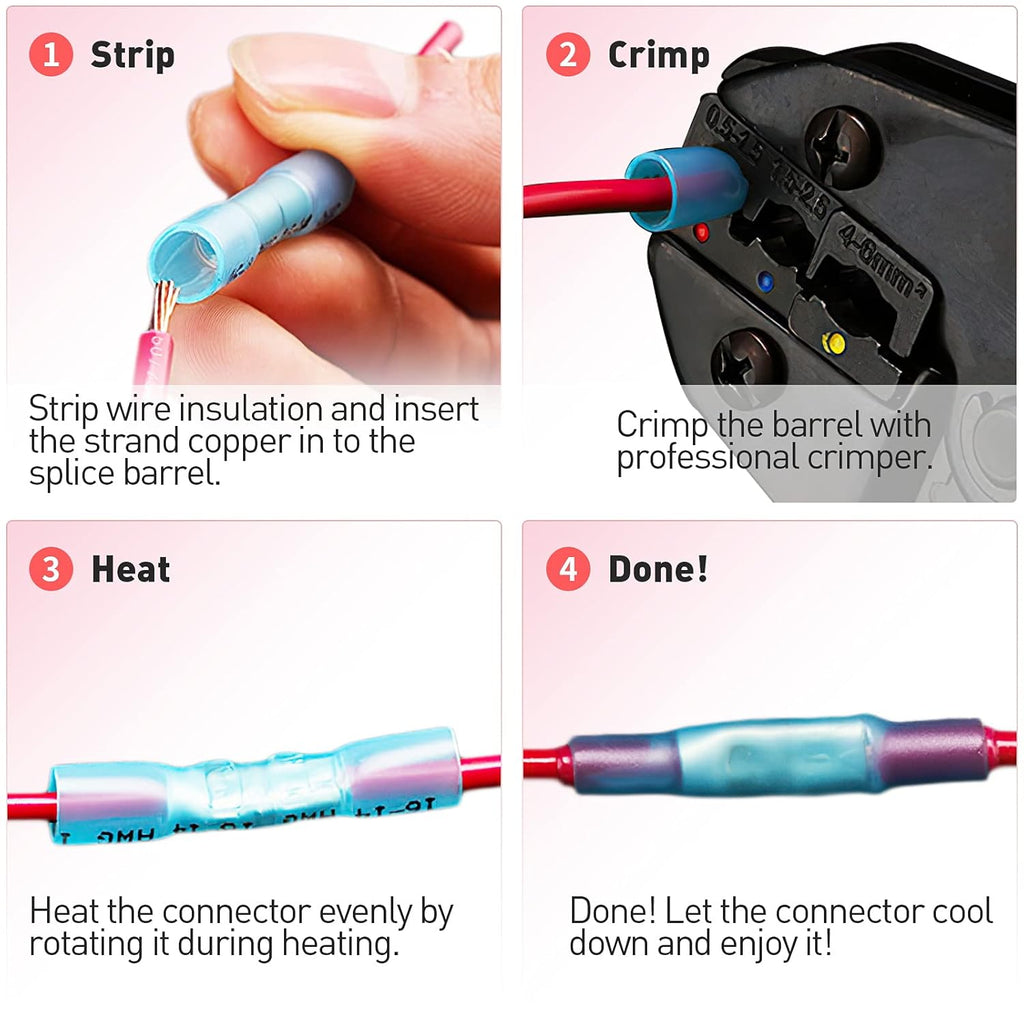 500PCS Butt Connectors Heat Shrink, 22-16 AWG Waterproof Tinned Copper Insulated Crimp Terminals U1471