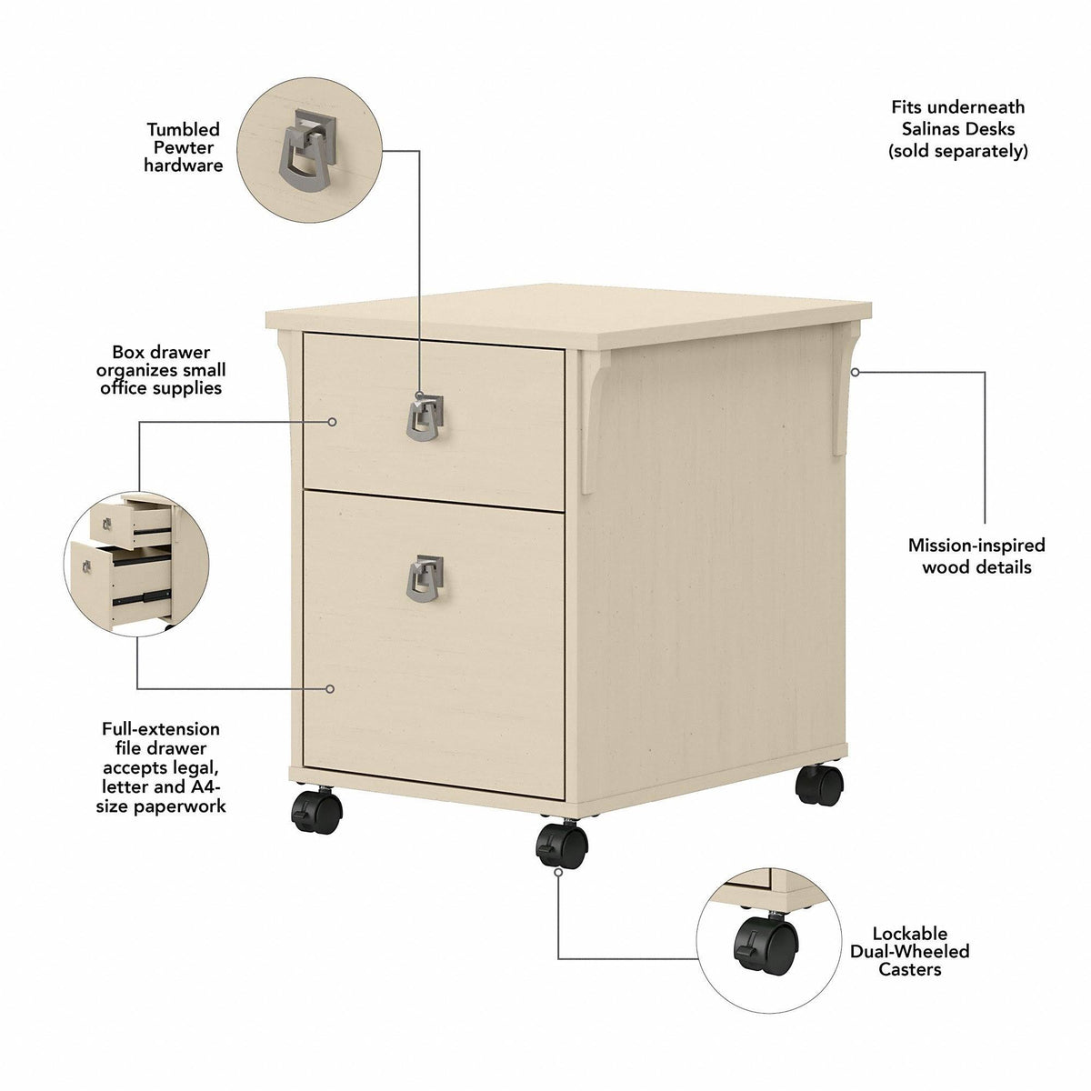 Antique White L Shaped Writing Desk with Hutch and Mobile File Cabinet P630488