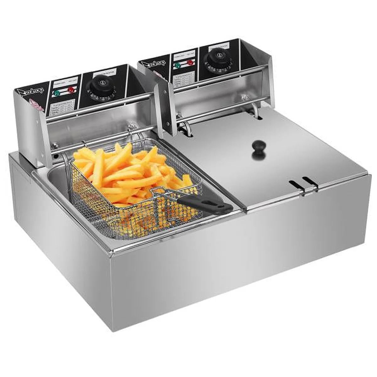 12.7QT Electric Deep Fryer with 2 Baskets and Lid, Stainless Steel Dual Tank G6943