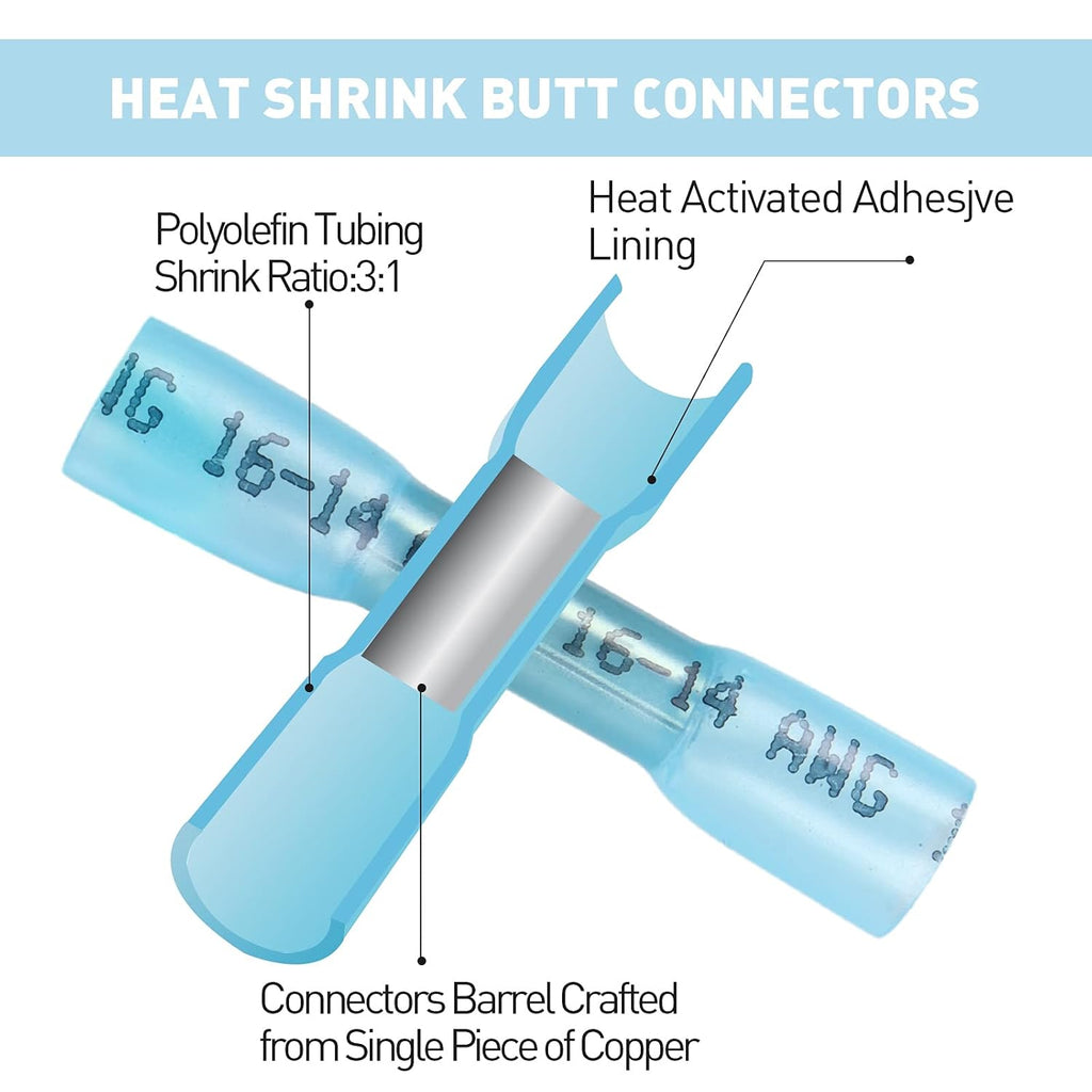 500PCS Butt Connectors Heat Shrink, 22-16 AWG Waterproof Tinned Copper Insulated Crimp Terminals U1471