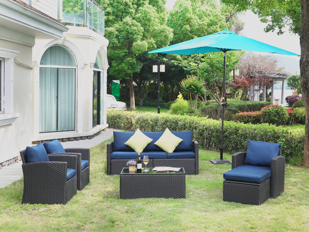 Blue 8 Pcs Wicker Patio Conversation Set with Coffee Table and Ottoman C910