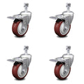 4 inch Maroon Polyurethane Swivel Stem Caster Set with Total Lock Brake L2215