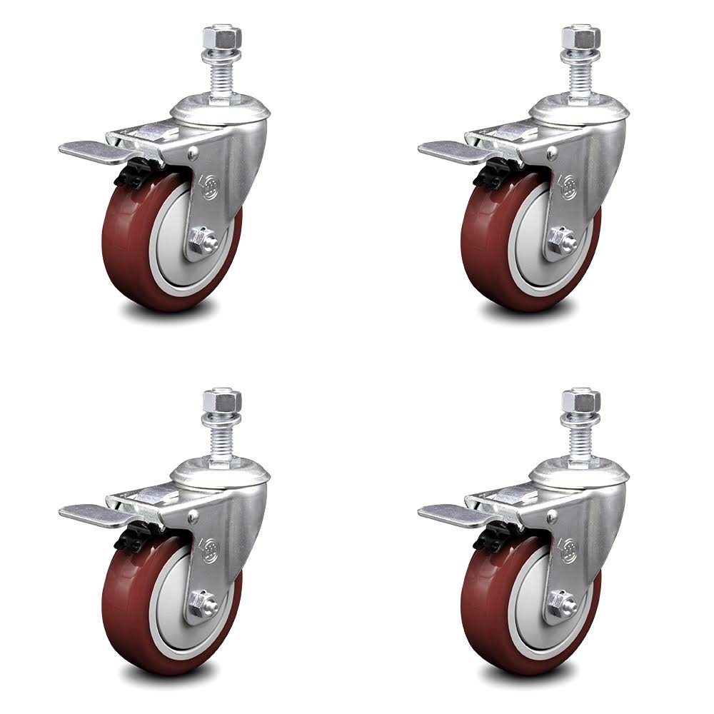 4 inch Maroon Polyurethane Swivel Stem Caster Set with Total Lock Brake L2215