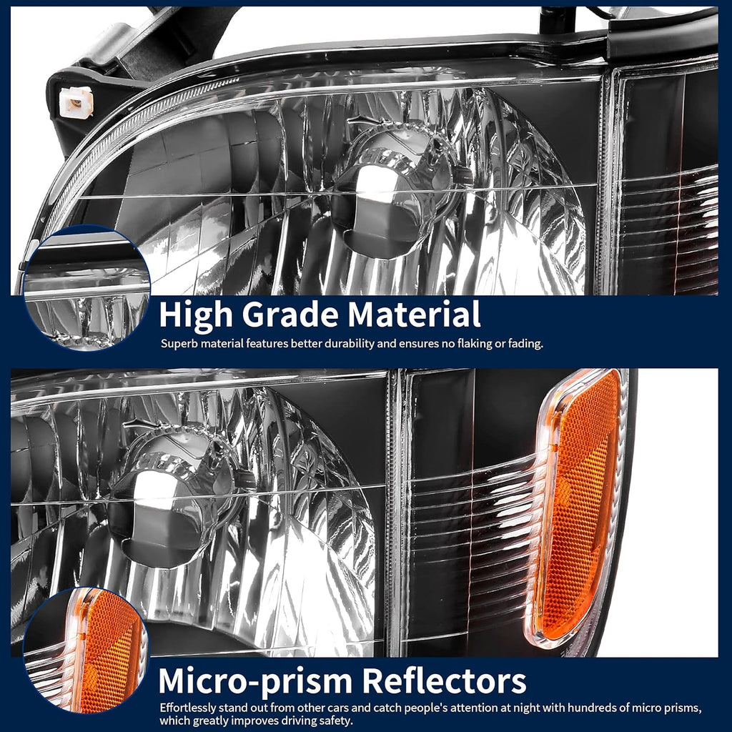 Headlight Assembly Replacement for Tacoma 2001-2004 Pickup Truck Black Housing Amber Reflector Clear Lens with Bumper Lights A465