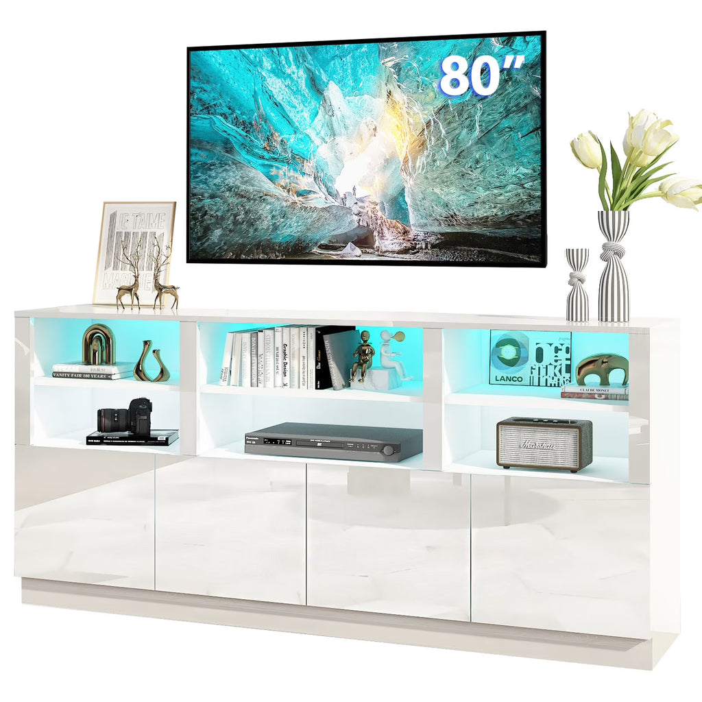 White 70" LED TV Stand with 6 Shelves and Storage Cabinets Z6056