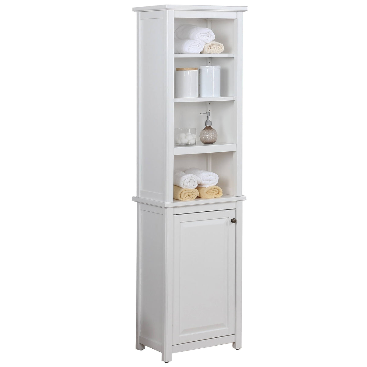Bathroom Storage Tower with Open Upper Shelves and Lower Cabinet K27305