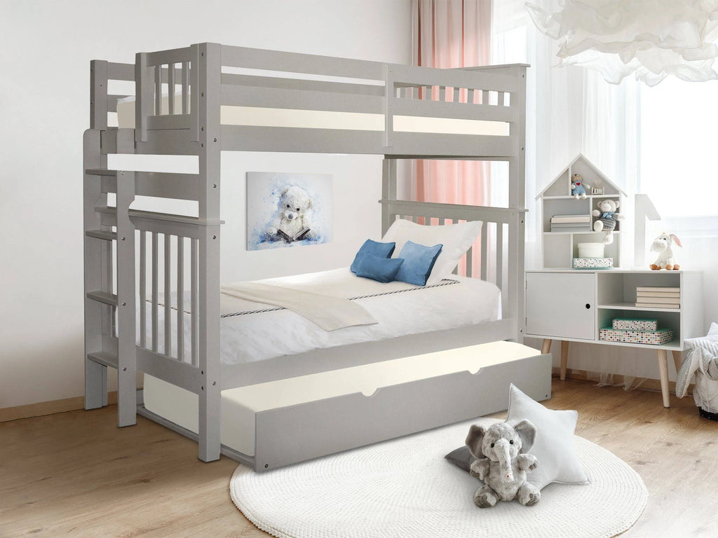 Gray Twin over Twin Bunk Beds with End Ladder and Twin Trundle A37789