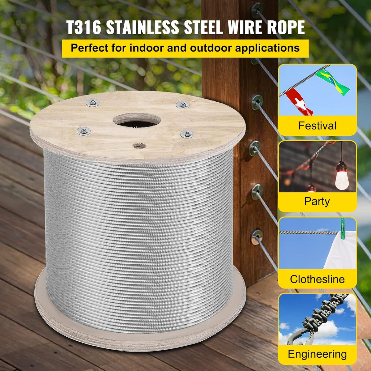 316 Stainless Steel Cable 1000FT Wire Rope 3/16 Inch 1x19 J29188
