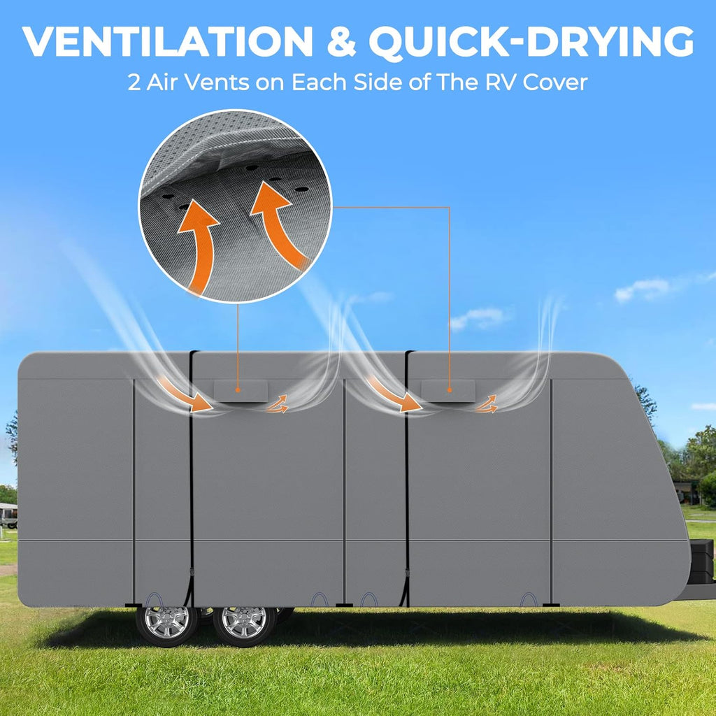5 Layers Travel Trailer RV Cover Heavy Duty Camper Cover Anti-UV, Rip-Stop, Breathable with Tongue Jack Cover, 2Pcs Straps & Gutter Covers B64300