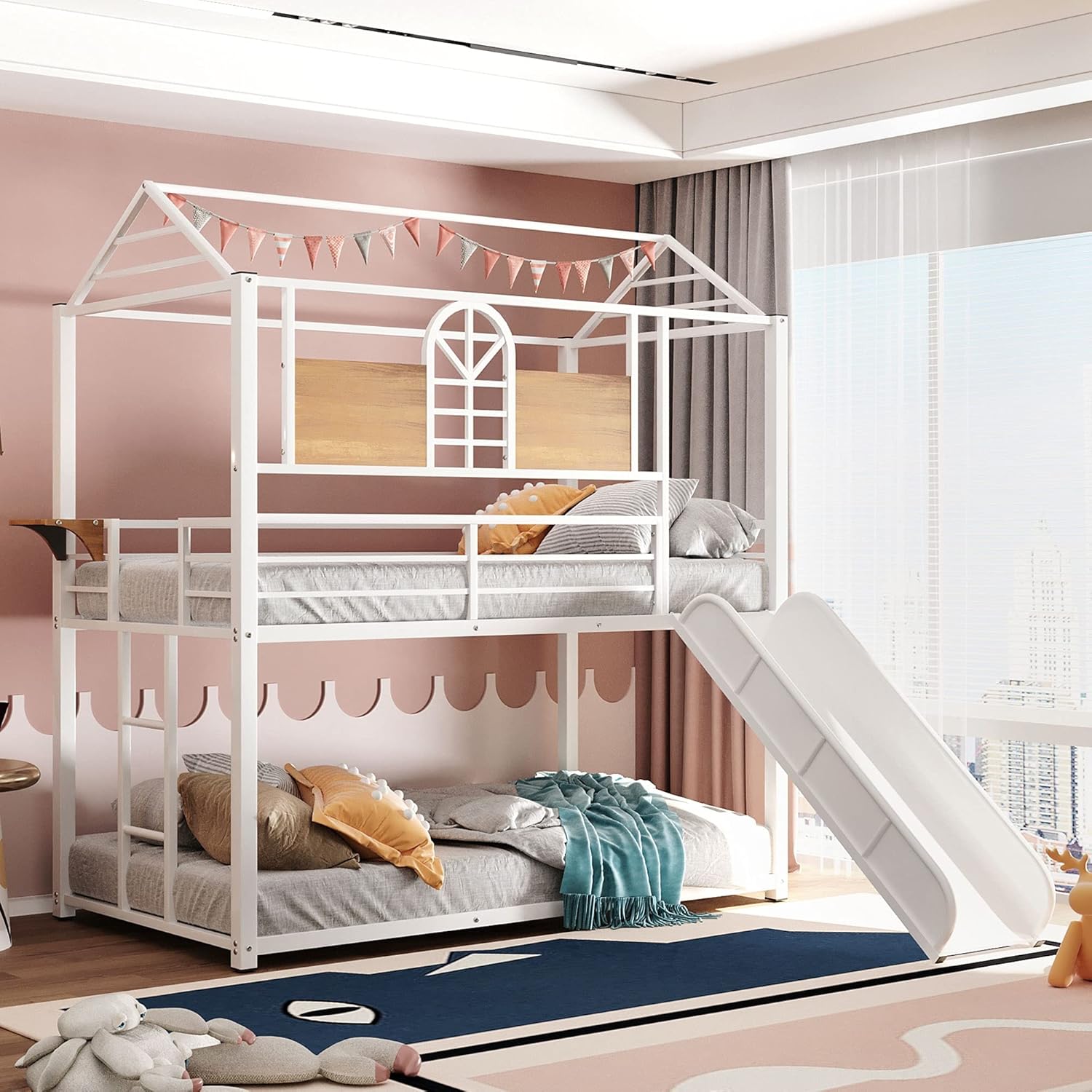 Twin Over Twin Metal Bunk Bed with Slide and Integrated Ladder N96525