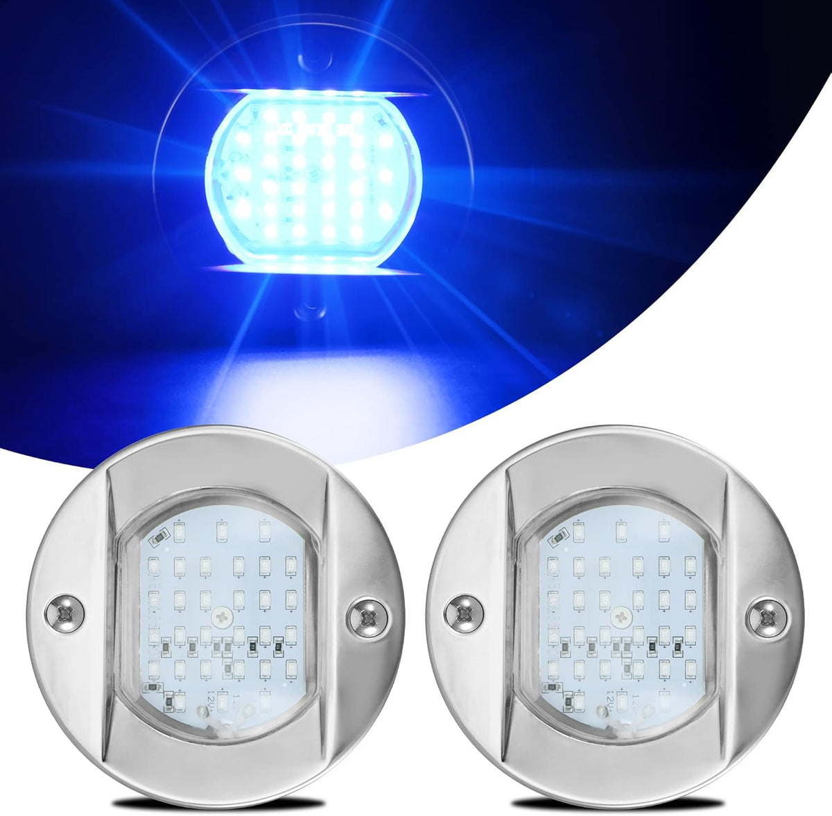 4 Round Marine Courtesy Indicator Lights, 1800LM 30LED IP68 Boat Transom Light Surface Mount Waterproof, 316 Stainless Steel, 2Pcs Cool White D151