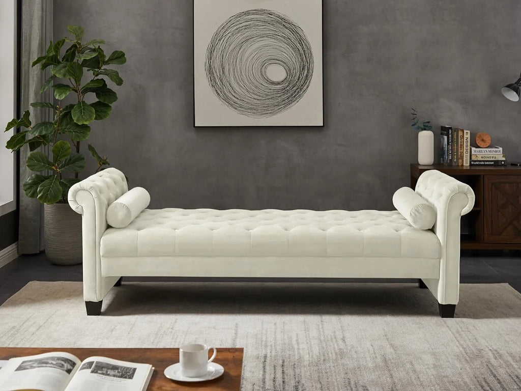 Ivory Velvet Upholstered Bench with 2 Pillows I2057