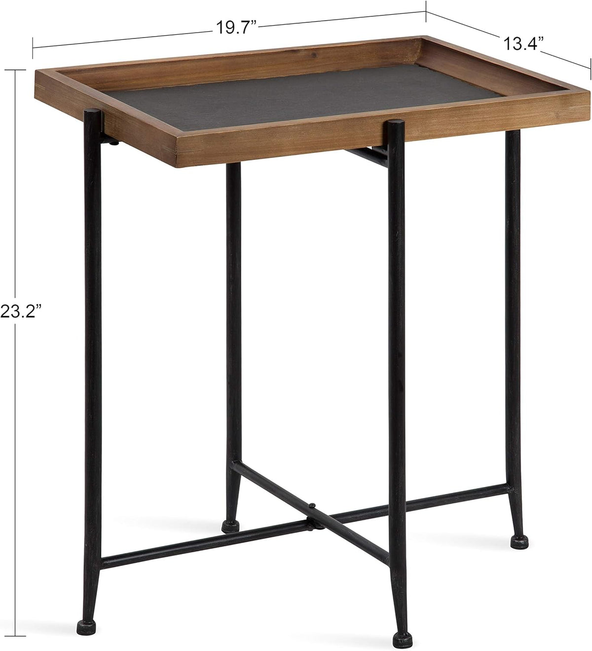 Rustic Brown Wood and Slate Side Accent Table with Black Iron Metal Base H439