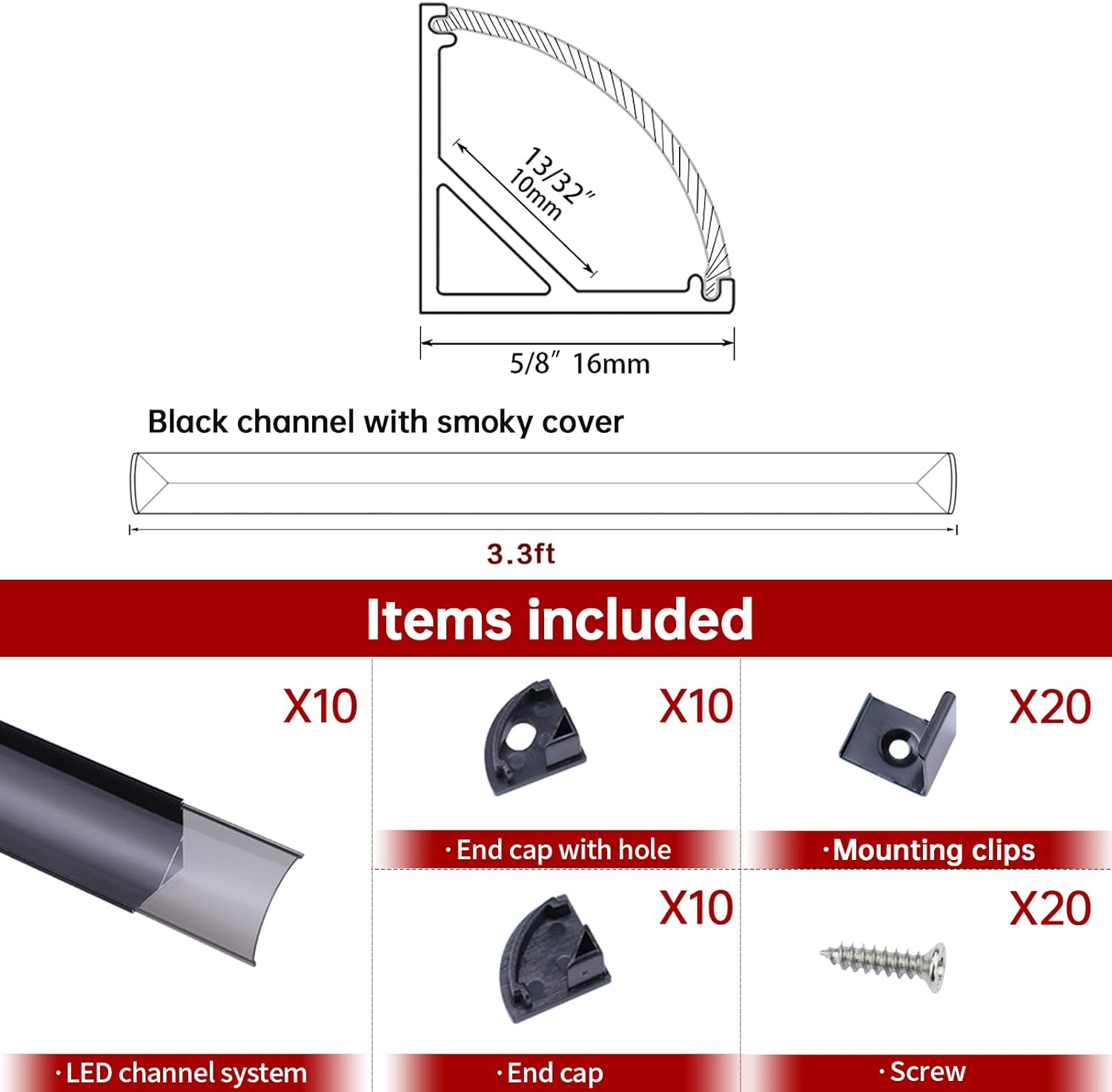 Black LED Channel System with Crystal Smoky Clear Cover Lens, Aluminum Extrusion Profile Strip Tape Lights V-Shape D565972