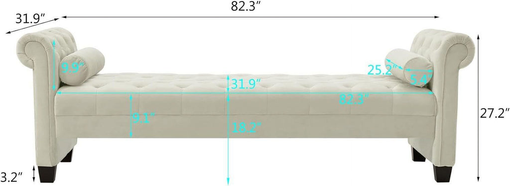 Ivory Velvet Upholstered Bench with 2 Pillows I2057