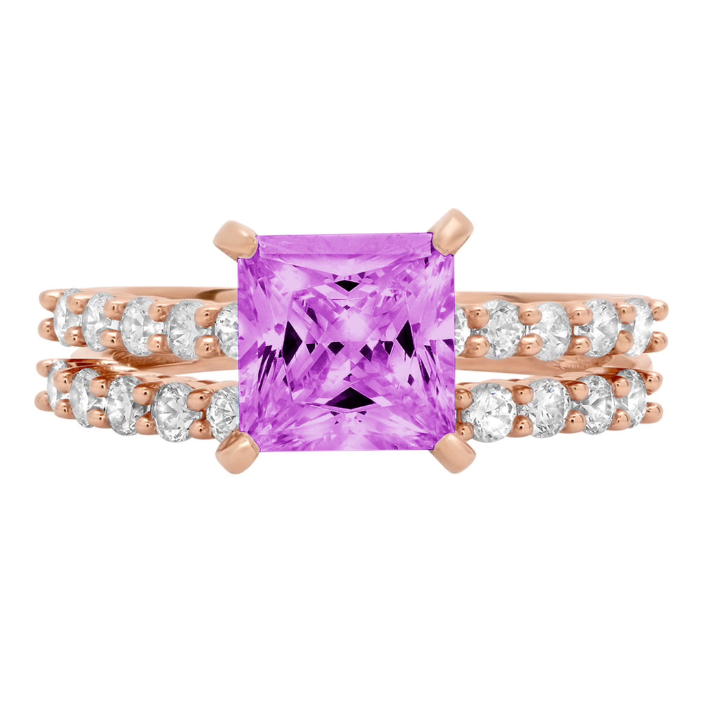 18k Rose Gold Princess Cut Simulated Alexandrite Ring Band Set Size 3.5 F3249
