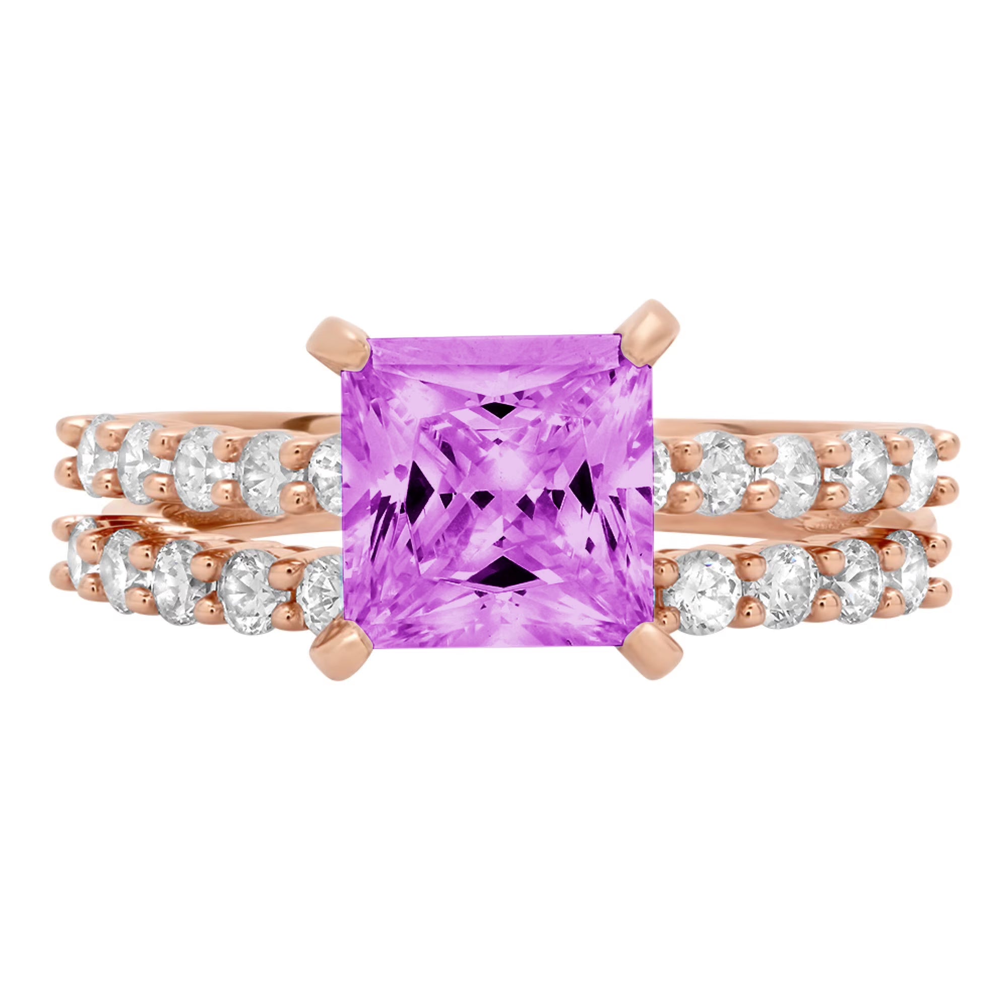 18k Rose Gold Princess Cut Simulated Alexandrite Ring Band Set Size 3.5 F3249