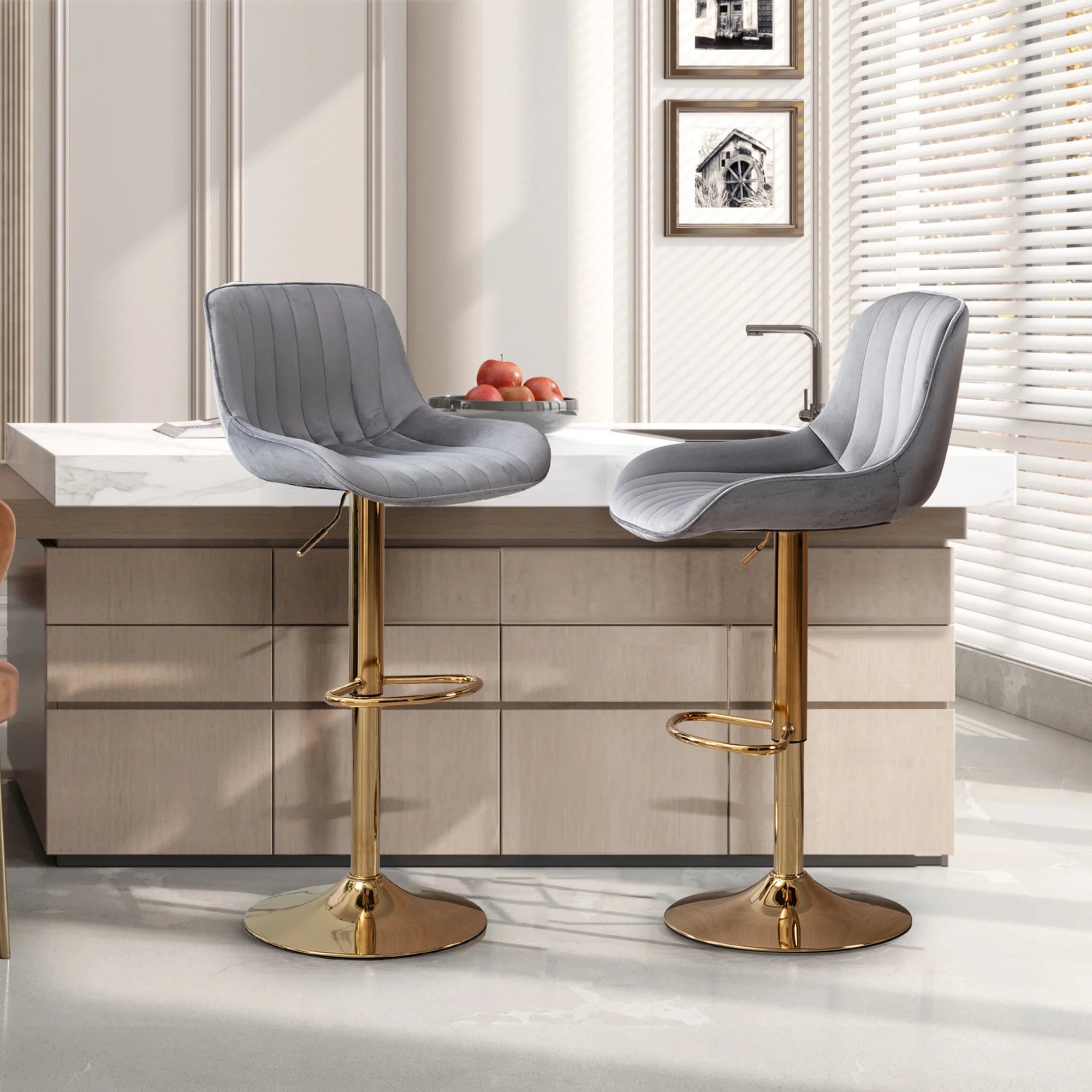 Gray Velvet Swivel Bar Stools Set of 2 X797259