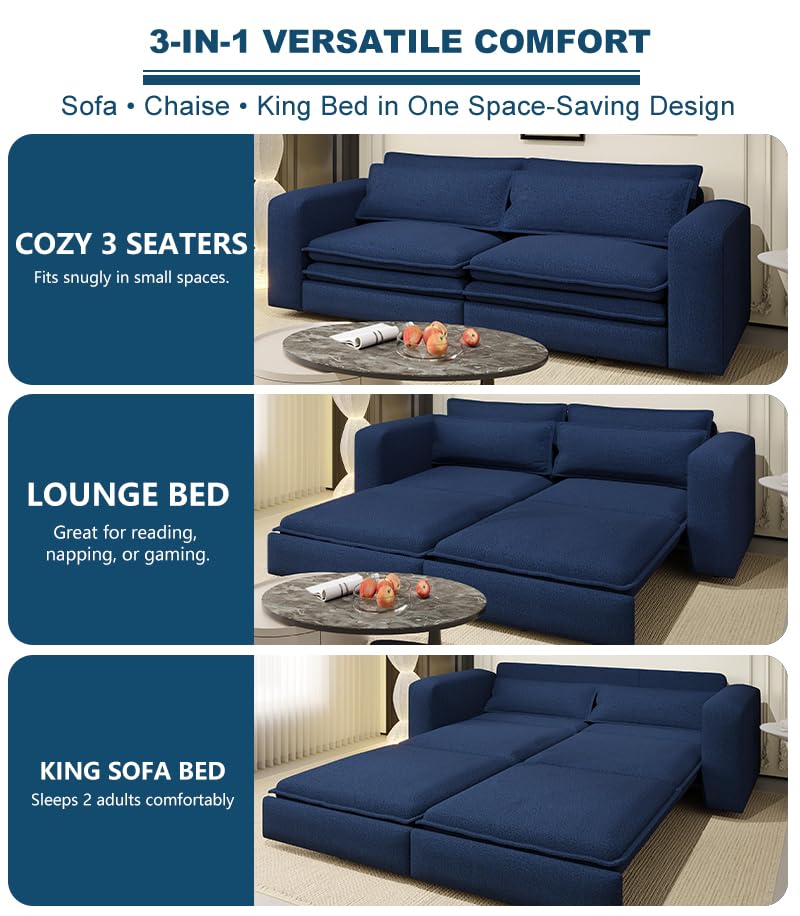 Blue 3 Seater Pull Out Sofa Bed with 2 Pillows Z893953