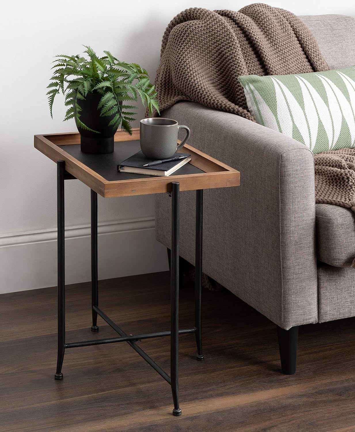 Rustic Brown Wood and Slate Side Accent Table with Black Iron Metal Base H439