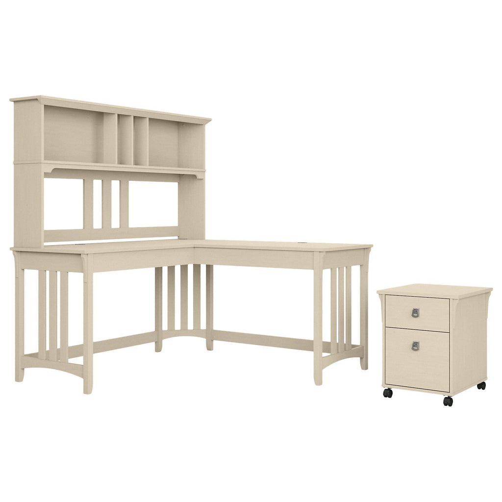 Antique White L Shaped Writing Desk with Hutch and Mobile File Cabinet P630488