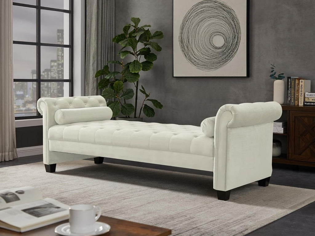 Ivory Velvet Upholstered Bench with 2 Pillows I2057