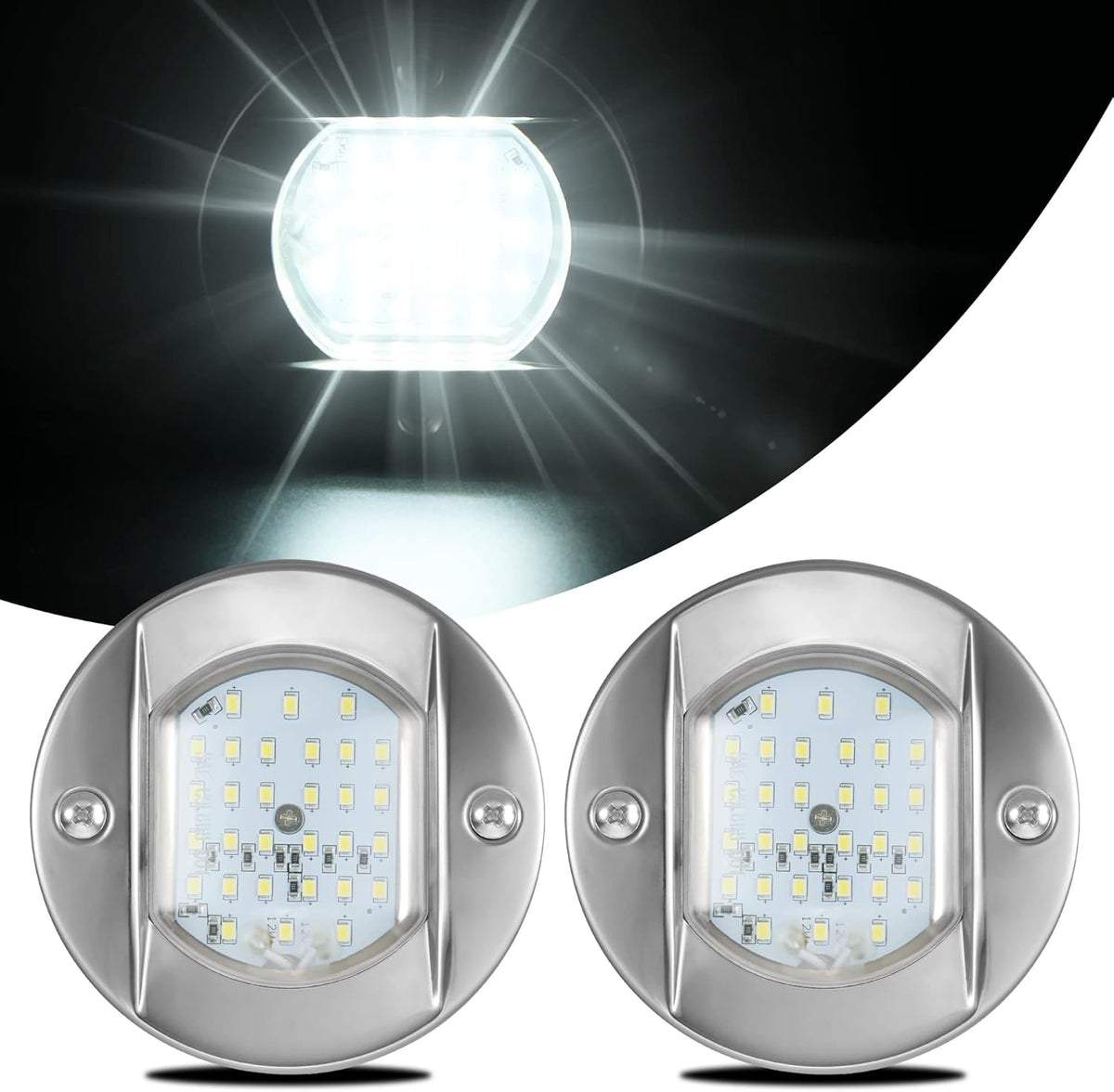 4 Round Marine Courtesy Indicator Lights, 1800LM 30LED IP68 Boat Transom Light Surface Mount Waterproof, 316 Stainless Steel, 2Pcs Cool White D151