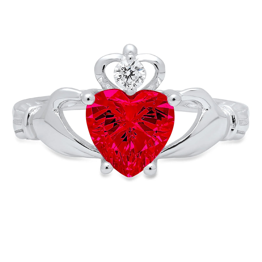 1.06ct Heart Cut Red Simulated Ruby 18k White Gold Claddagh Ring Size 3.5 B766