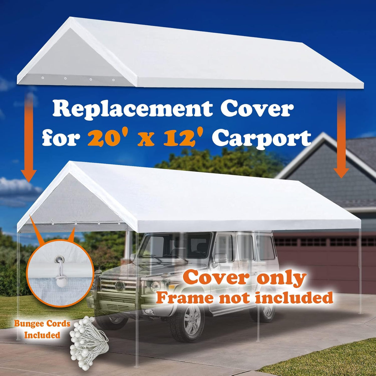 Carport Canopy Cover 12 x 20 Feet Replacement Tent Top Tarp with Ball Bungees C309479