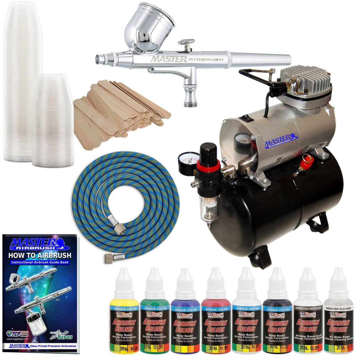 Dual Fan Air Storage Tank Compressor Kit with Gravity Feed Airbrush 6 Color Acrylic Paint Set R876940