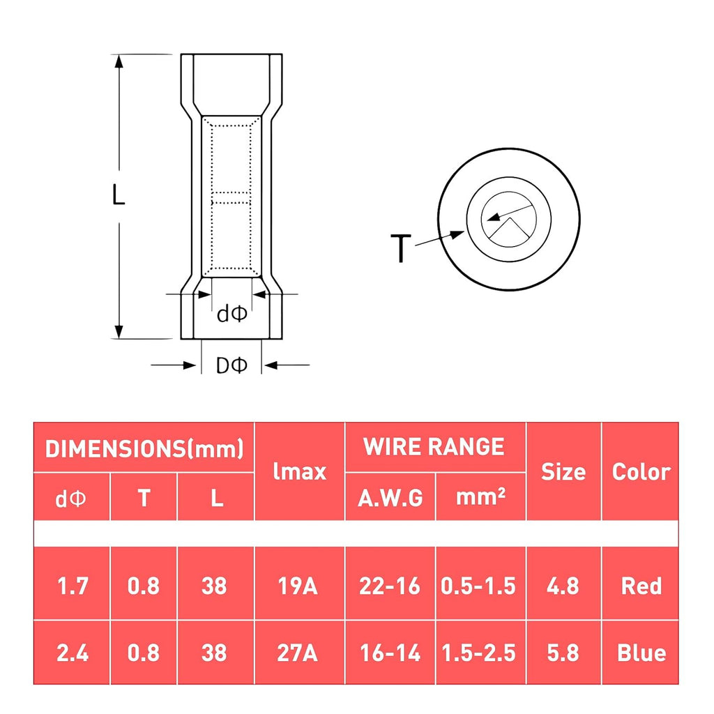 500PCS Butt Connectors Heat Shrink, 22-16 AWG Waterproof Tinned Copper Insulated Crimp Terminals U1471