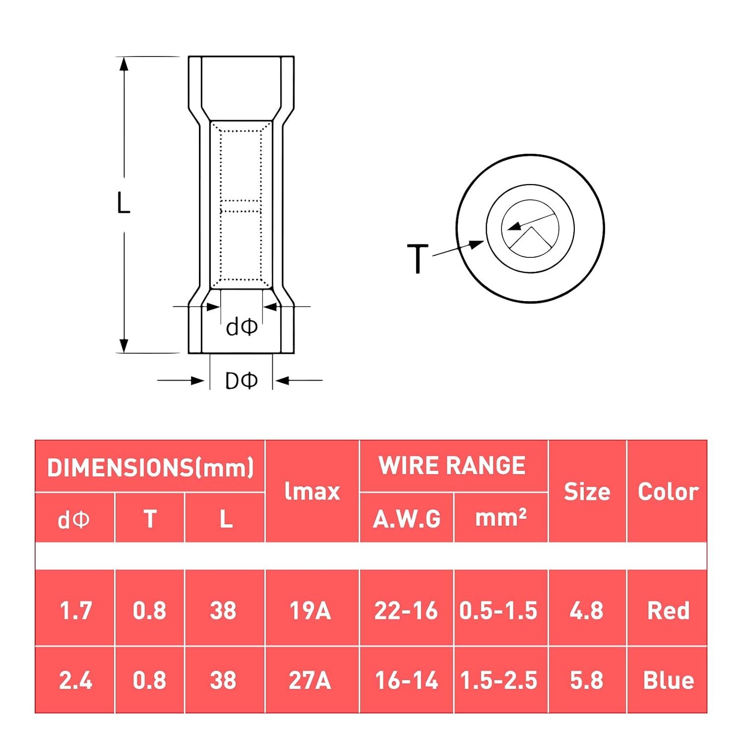 500PCS Butt Connectors Heat Shrink, 22-16 AWG Waterproof Tinned Copper Insulated Crimp Terminals U1471
