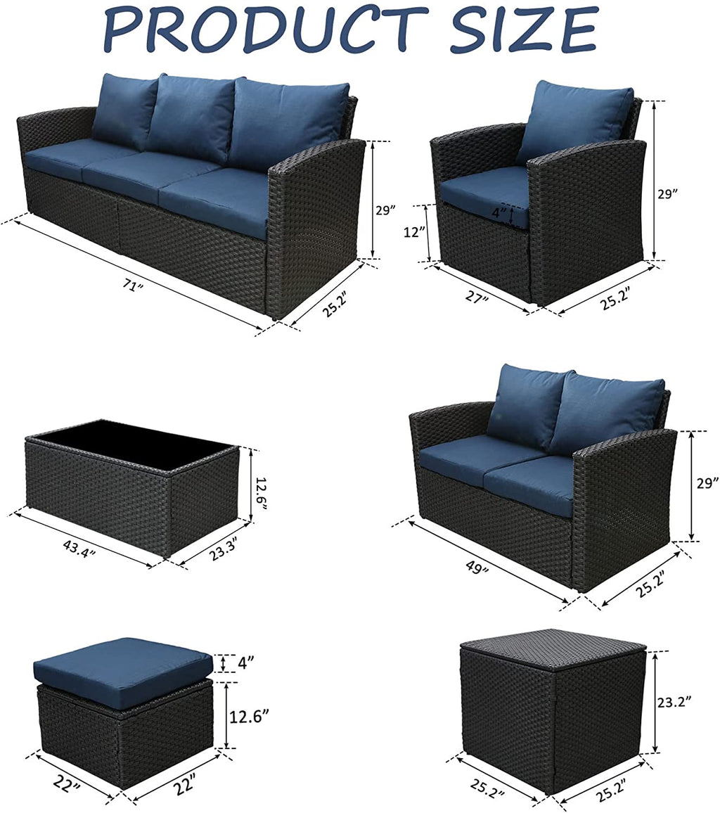 Blue 8 Pcs Wicker Patio Conversation Set with Coffee Table and Ottoman C910