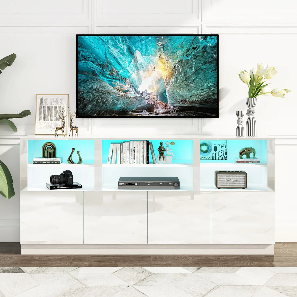 White 70" LED TV Stand with 6 Shelves and Storage Cabinets Z6056