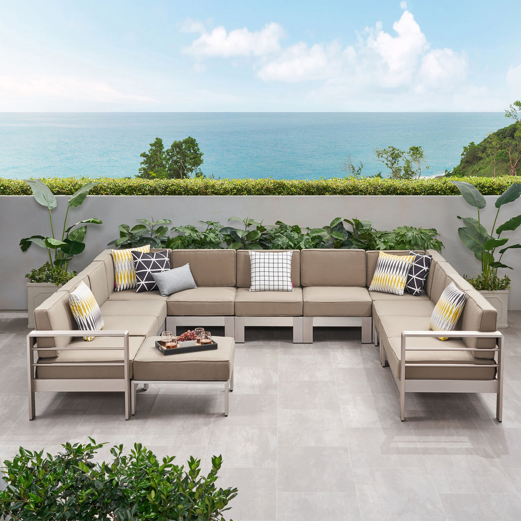 Silver and Khaki Outdoor Aluminum 11 Seater Sectional Sofa Set with Ottoman J192